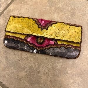 Vibrant Sequin Clutch with Yellow, Pink, and Gray Accents
